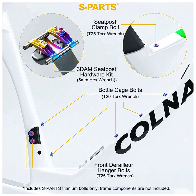 COLNAGO Y1RS Grade 5 Titanium Hardware Kit | Handlebar Bolts, Fork Steerer Expander, Thru Axle & More